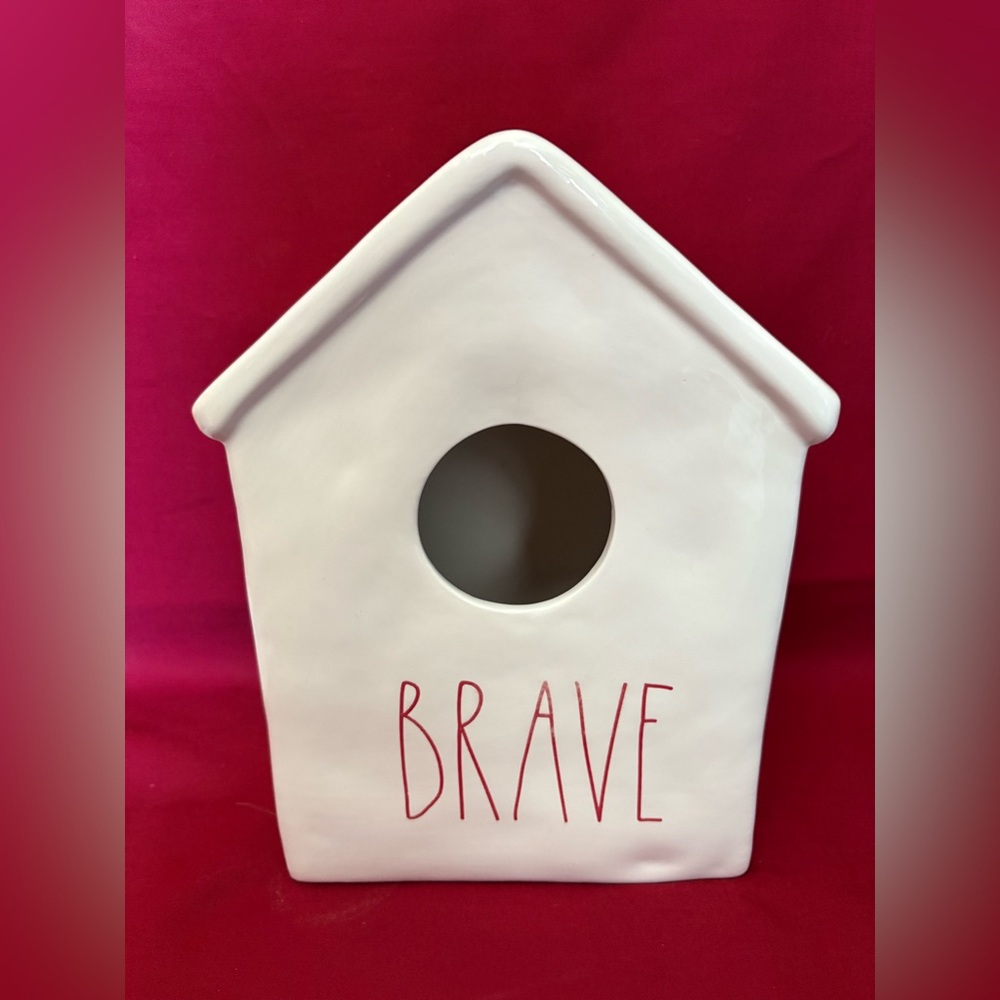 White Ceramic Birdhouse with 'BRAVE' Text